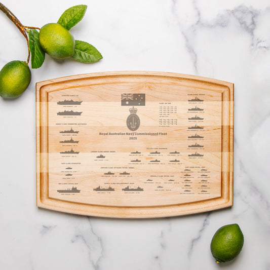 Royal Australian Navy Commissioned Fleet 2025 Arched Wood Cutting Board with Groove - 12" x 9"