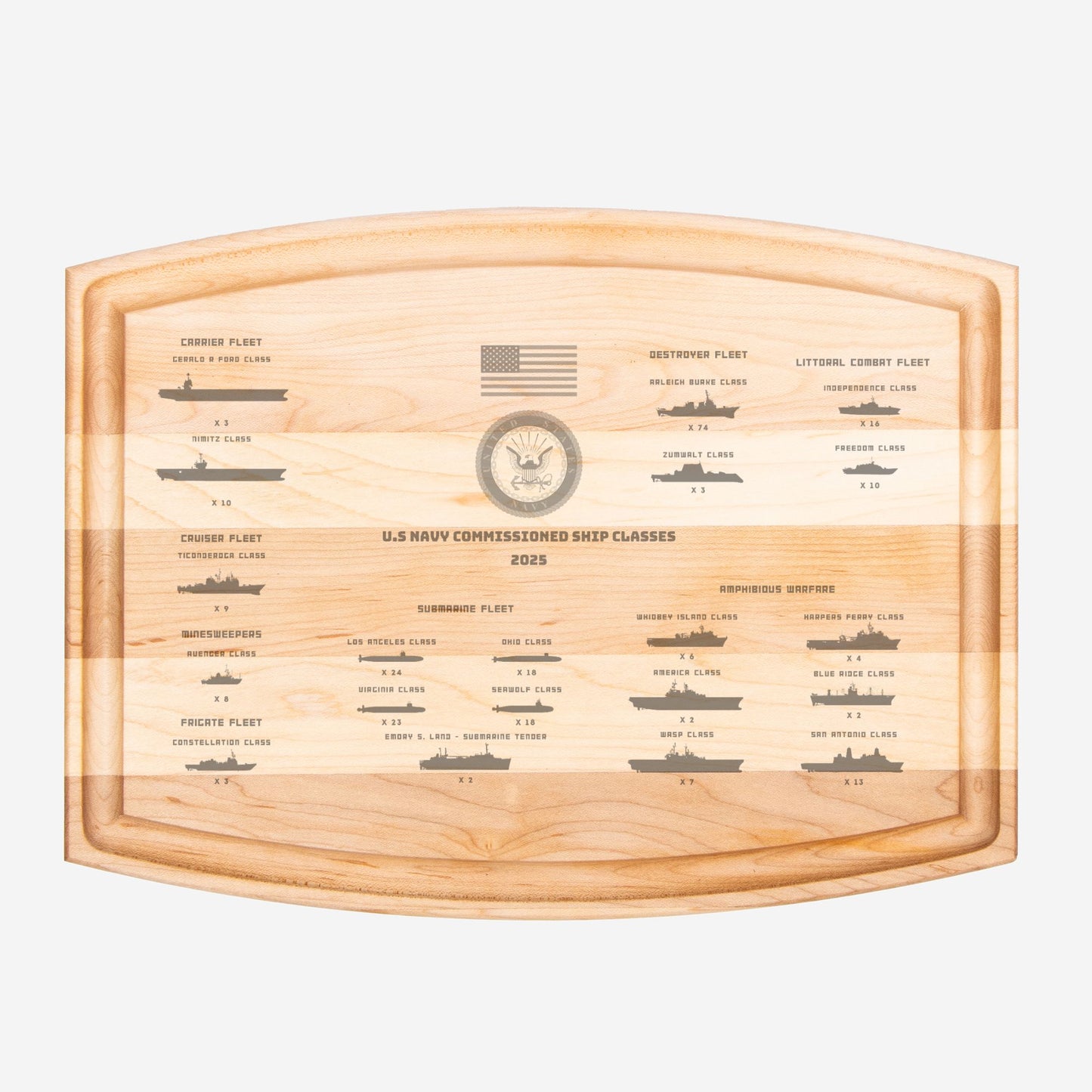 US Navy Ship Classes 2025 Arched Wood Cutting Board with Groove - 12" x 9"