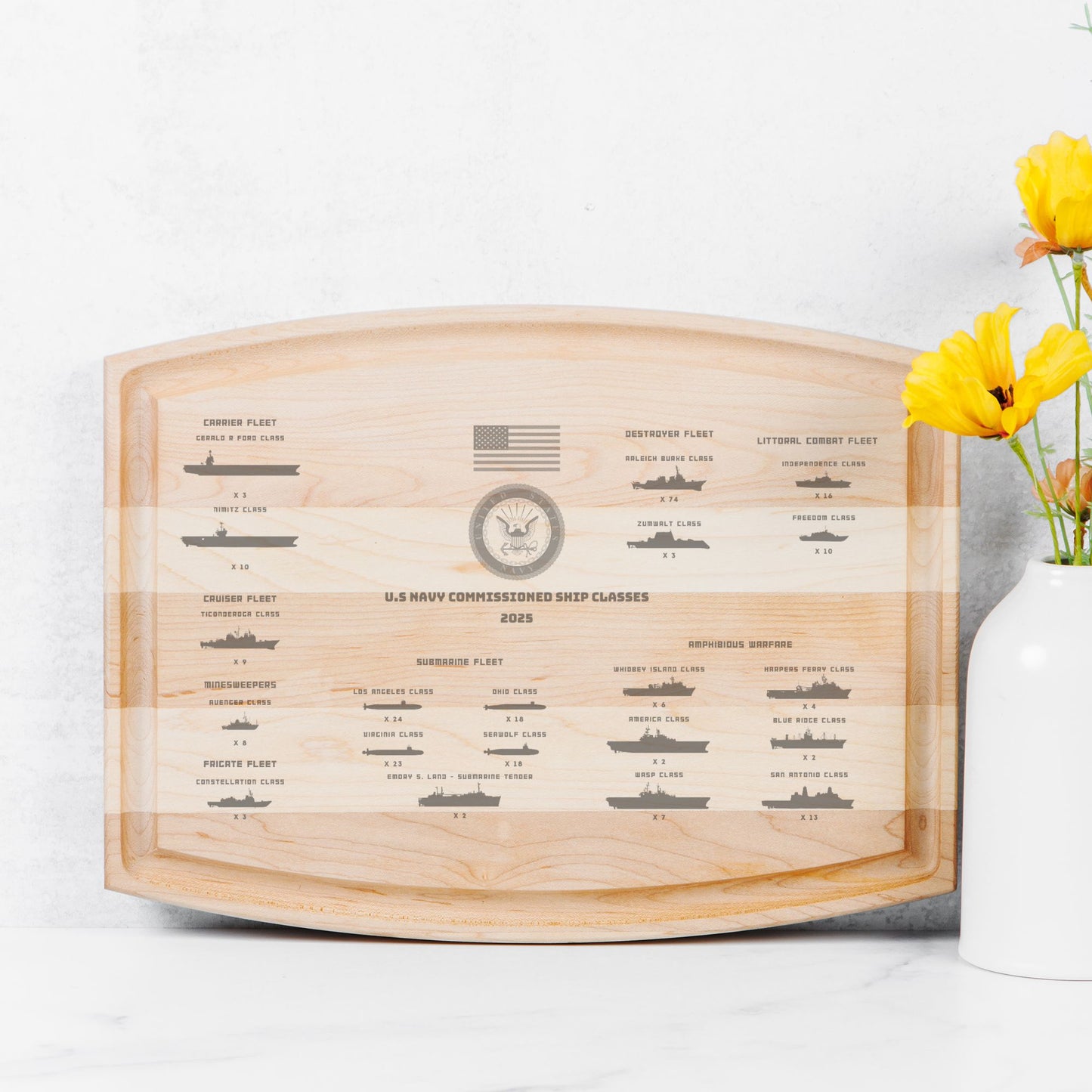 US Navy Ship Classes 2025 Arched Wood Cutting Board with Groove - 12" x 9"