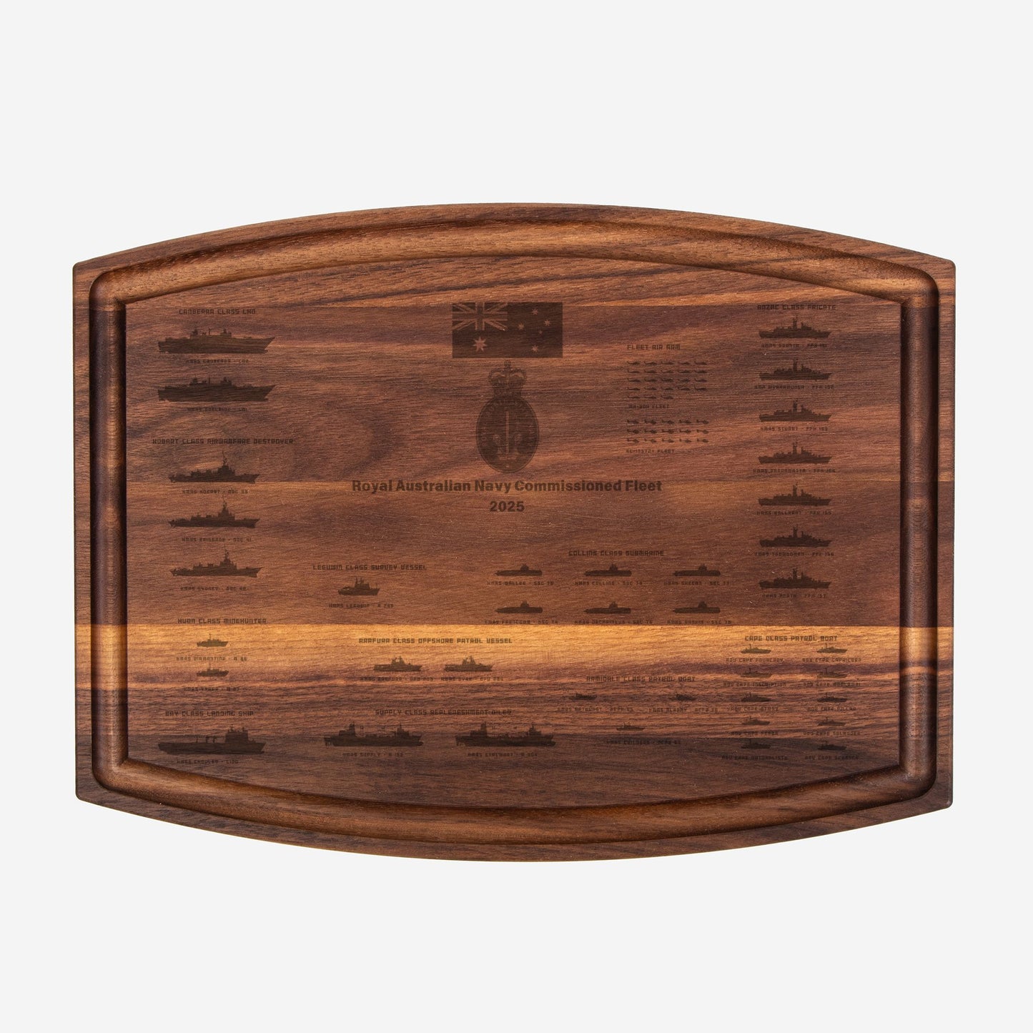 Royal Australian Navy Commissioned Fleet 2025 Arched Wood Cutting Board with Groove - 12" x 9"