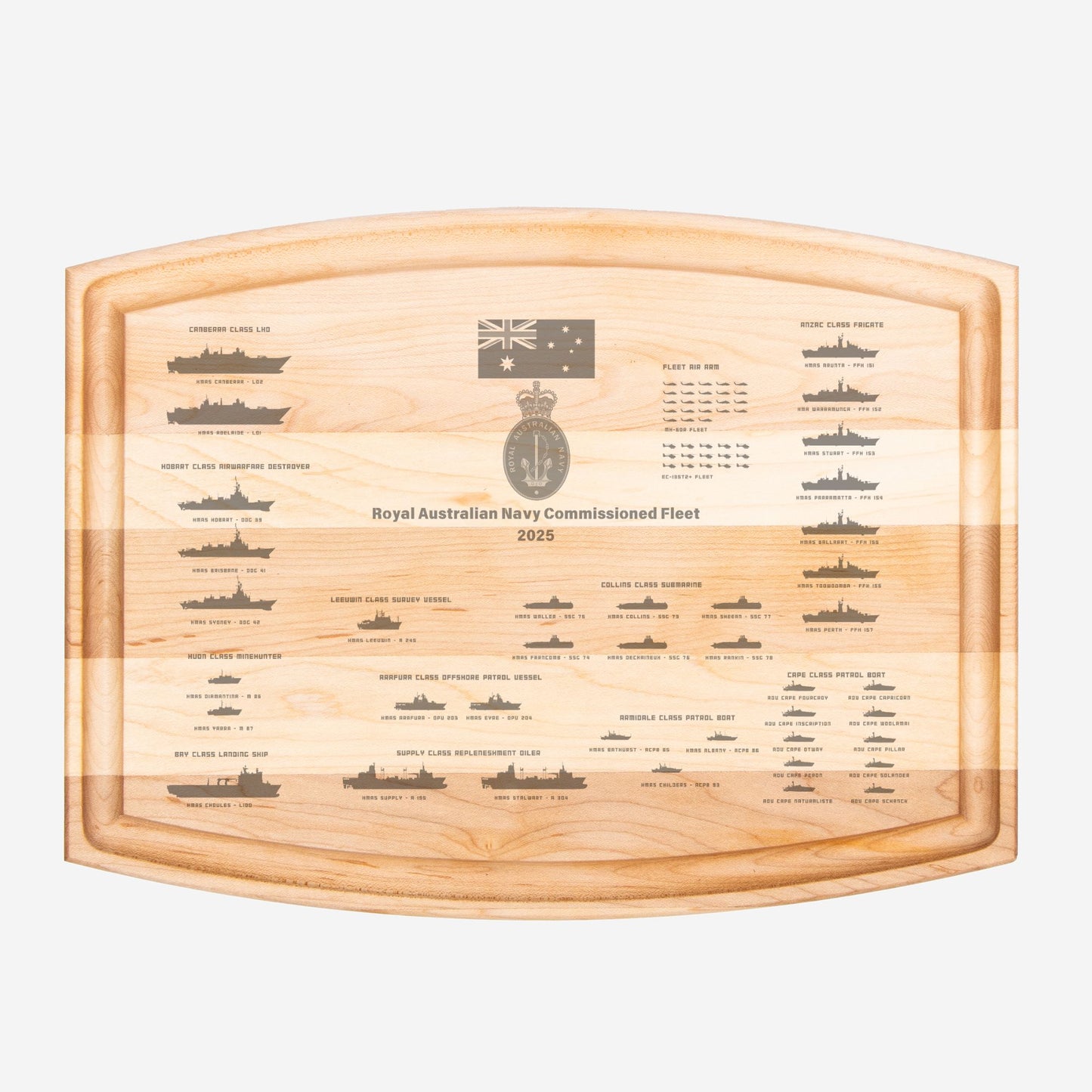 Royal Australian Navy Commissioned Fleet 2025 Arched Wood Cutting Board with Groove - 12" x 9"