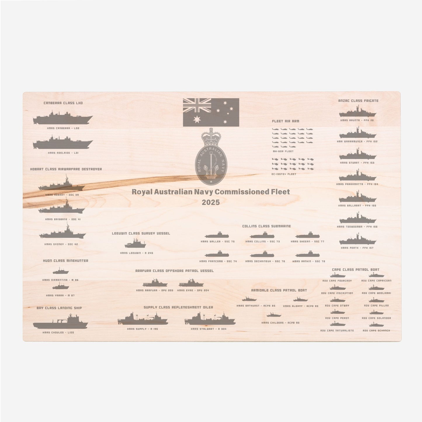 Royal Australian Navy Fleet 2025 - Custom Traditional Wood Cutting Board - 16" x 10.5"