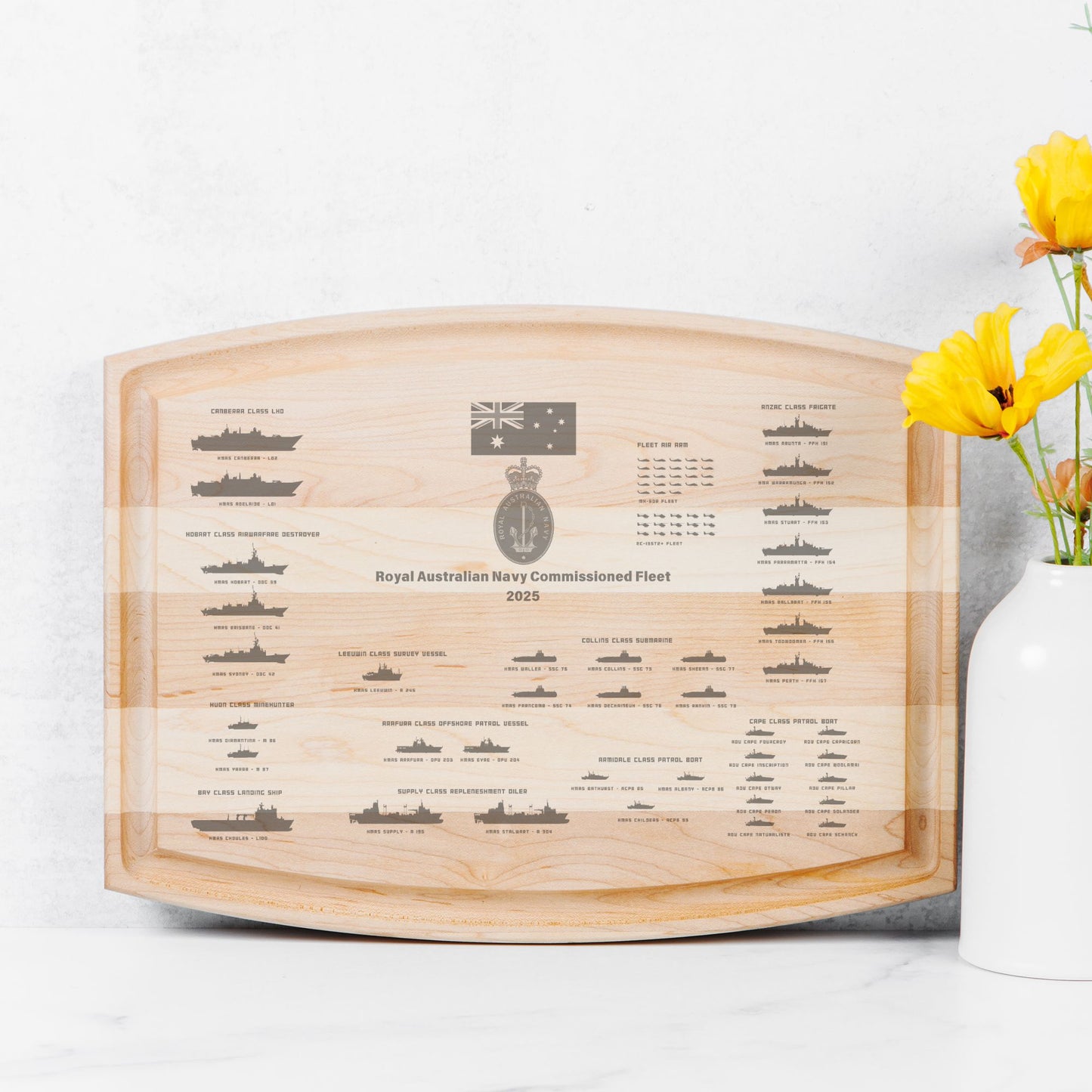 Royal Australian Navy Commissioned Fleet 2025 Arched Wood Cutting Board with Groove - 12" x 9"