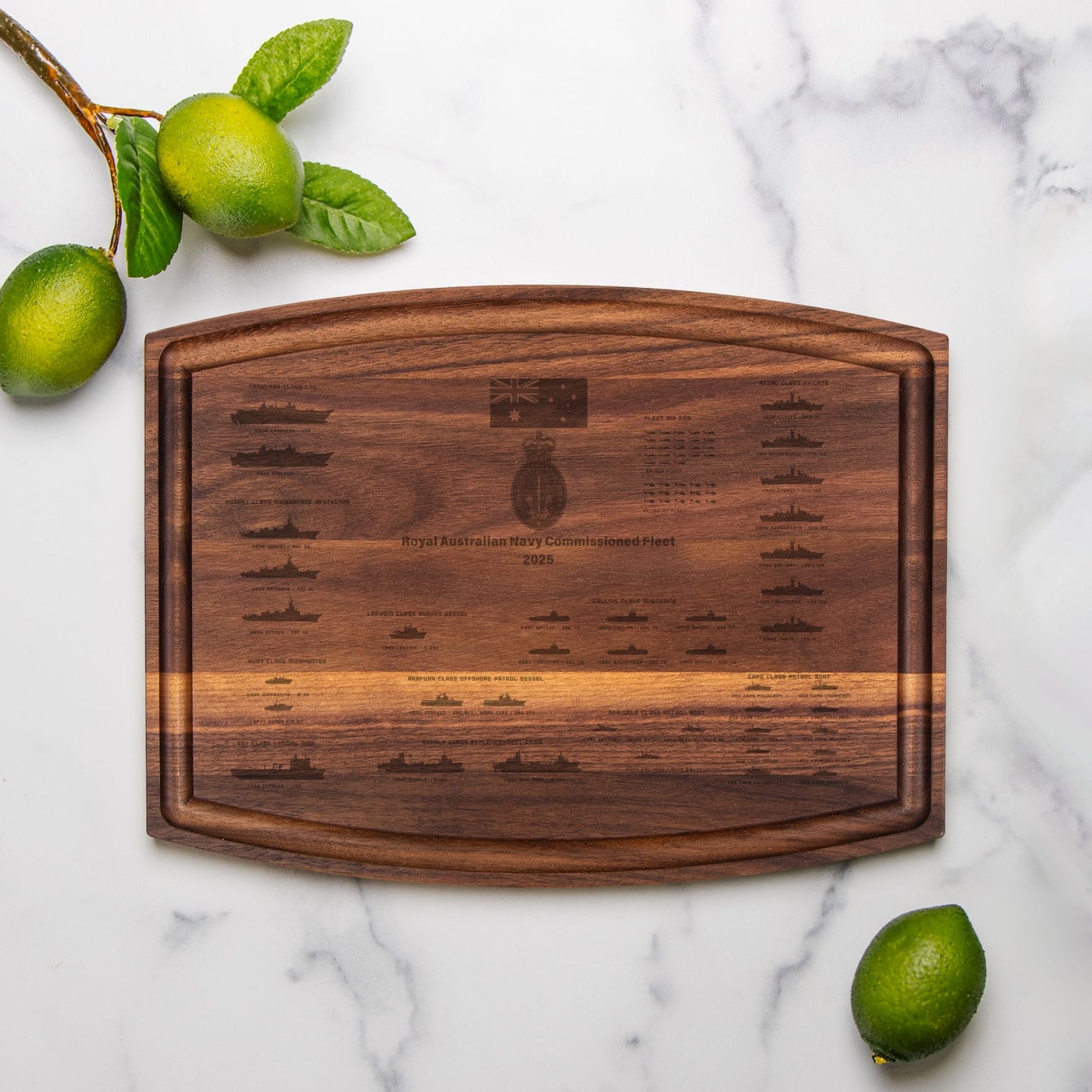 Royal Australian Navy Commissioned Fleet 2025 Arched Wood Cutting Board with Groove - 12" x 9"